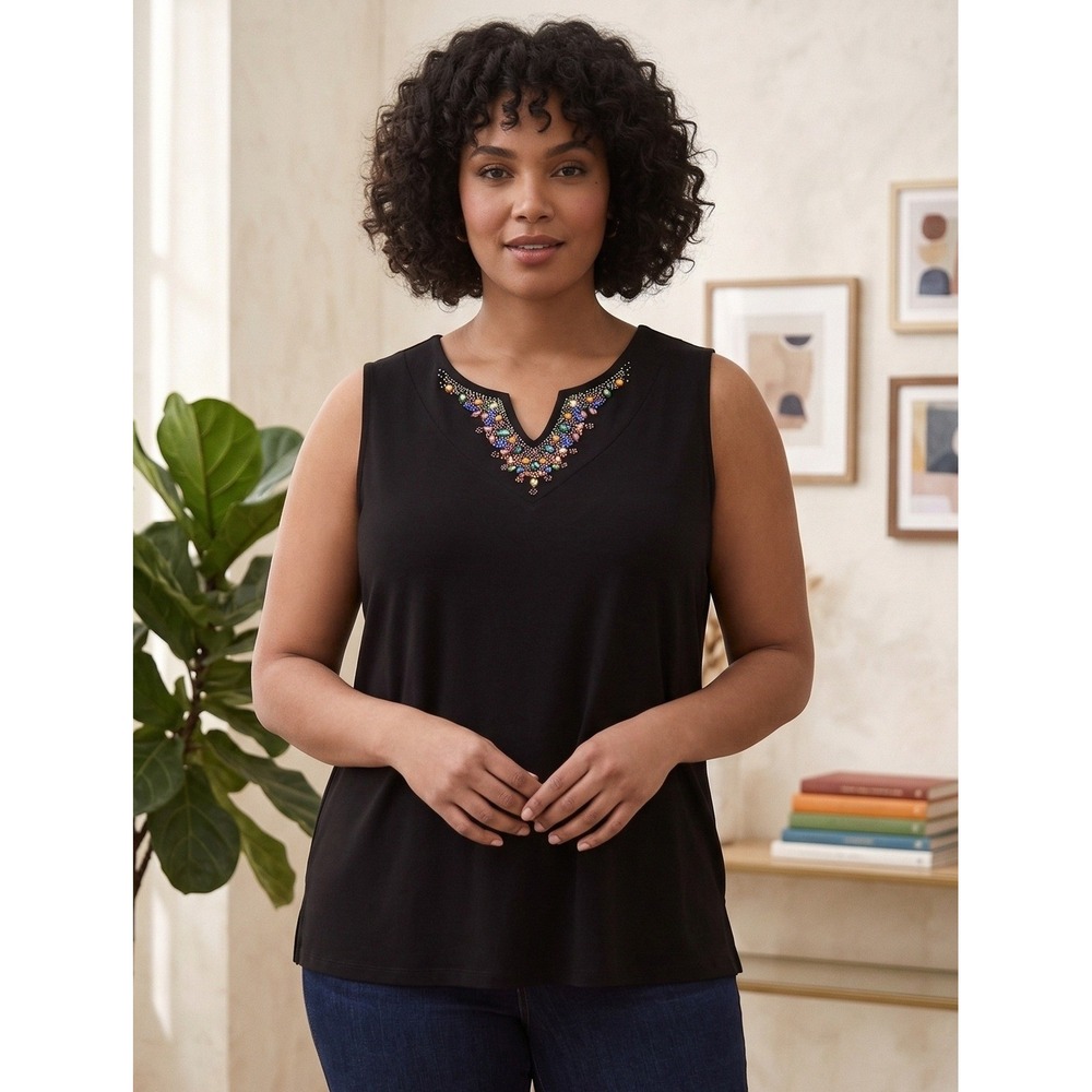 Susan‎ Graver Artisan Beaded V-Neck Sleeveless Top Tank Women's Plus 1X Black